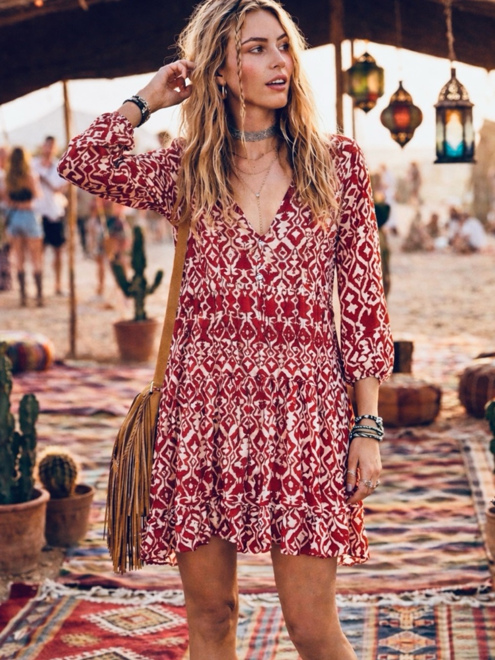 Zara Red and White Long Sleeve Printed Mini Dress